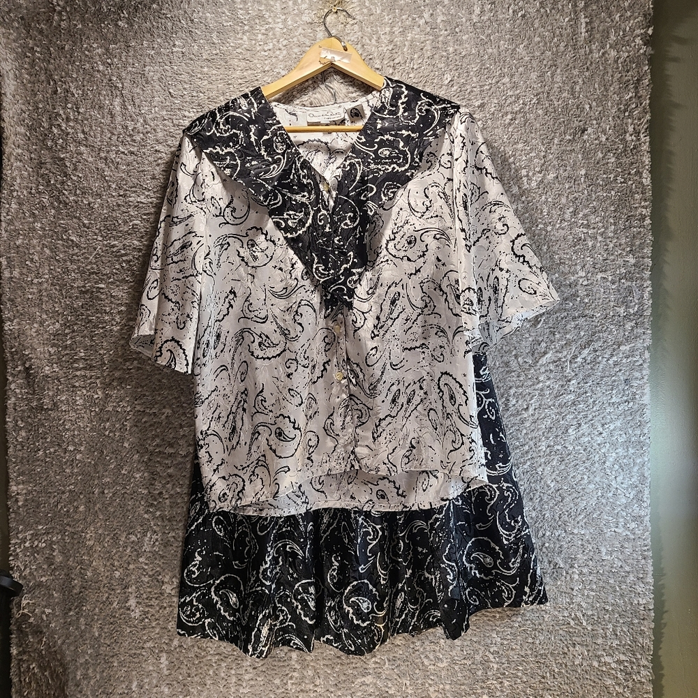 Vintage Oscar de la Renta Expressions Women's Blouse Skirt Set 10, 8 Black White